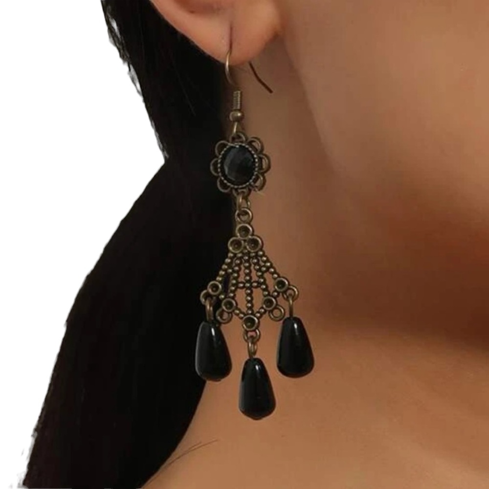 Vintage Style Black and Bronzed Beaded Drop Earrings